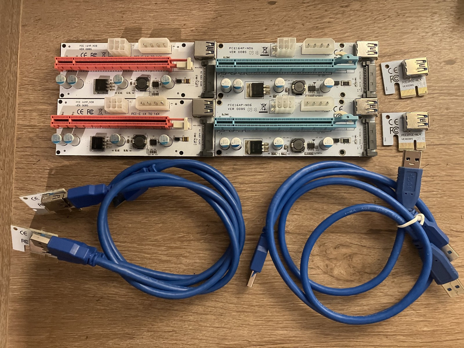 Lot of 4 PCI-E 1x to 16x GPU Mining Riser VER 008S USB 3.0 + Adapters