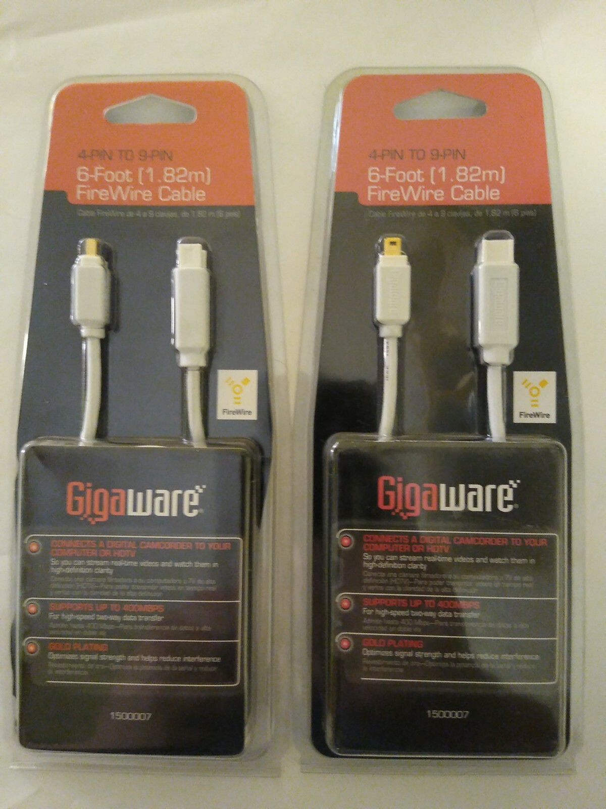 Lot of 2 Gigaware 4-Pin to 9-Pin FireWire Cable IEEE 1394 6 foot