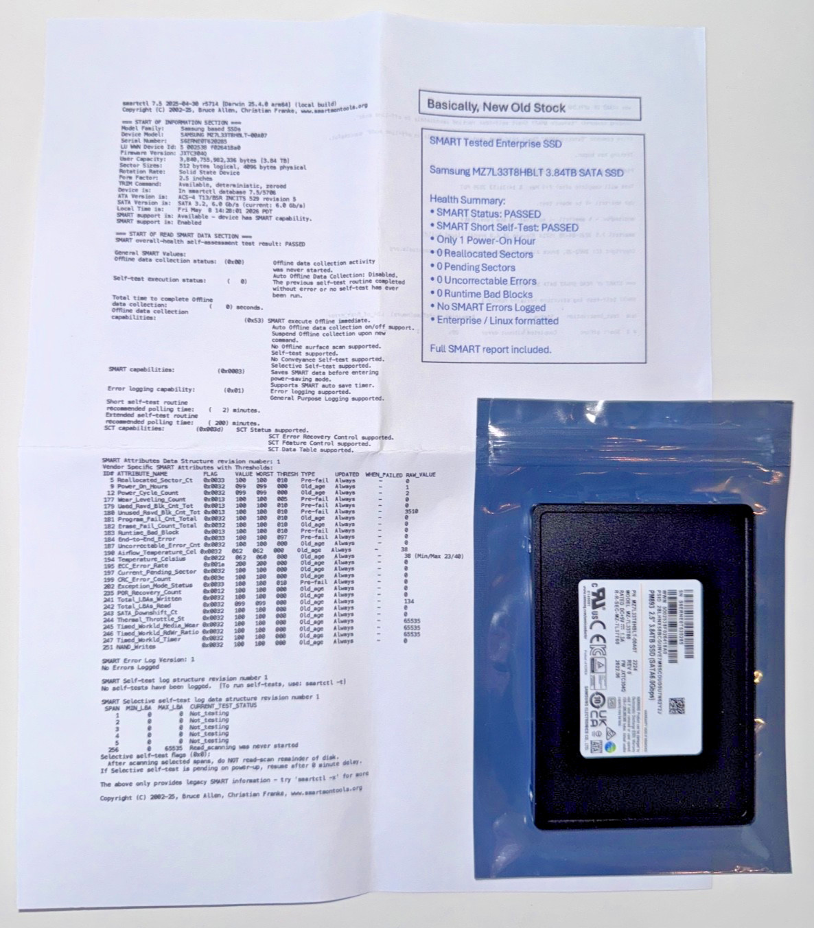 Samsung PM893 3.84TB 2.5" SATA III Enterprise SSD - 1 Power-On Hour / 0 Writes