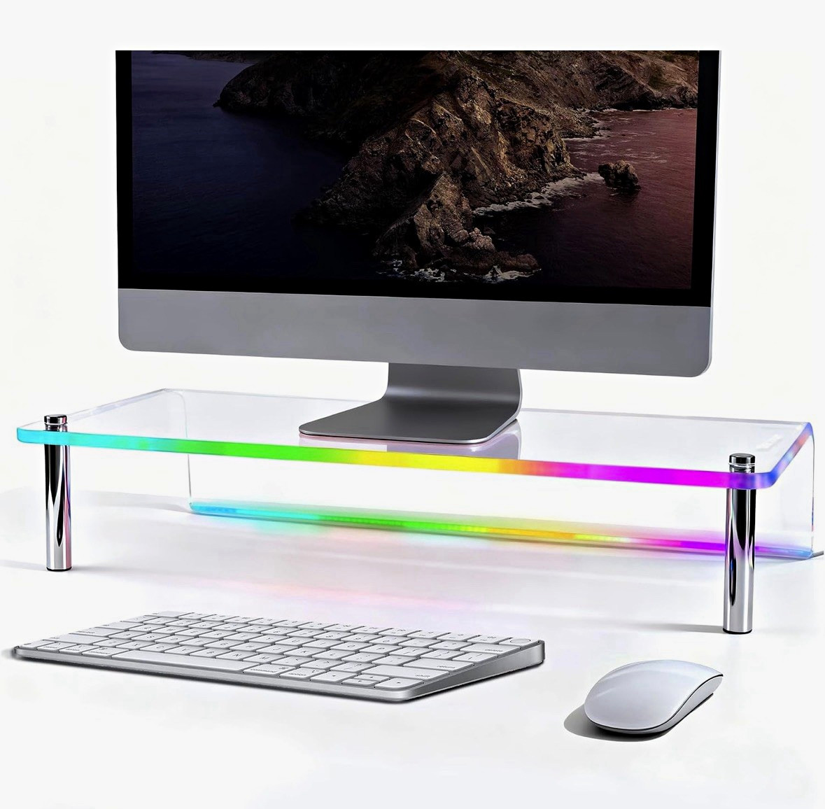 Clear Acrylic Single Monitor Stand Riser w/ RGB LED Light, Universal