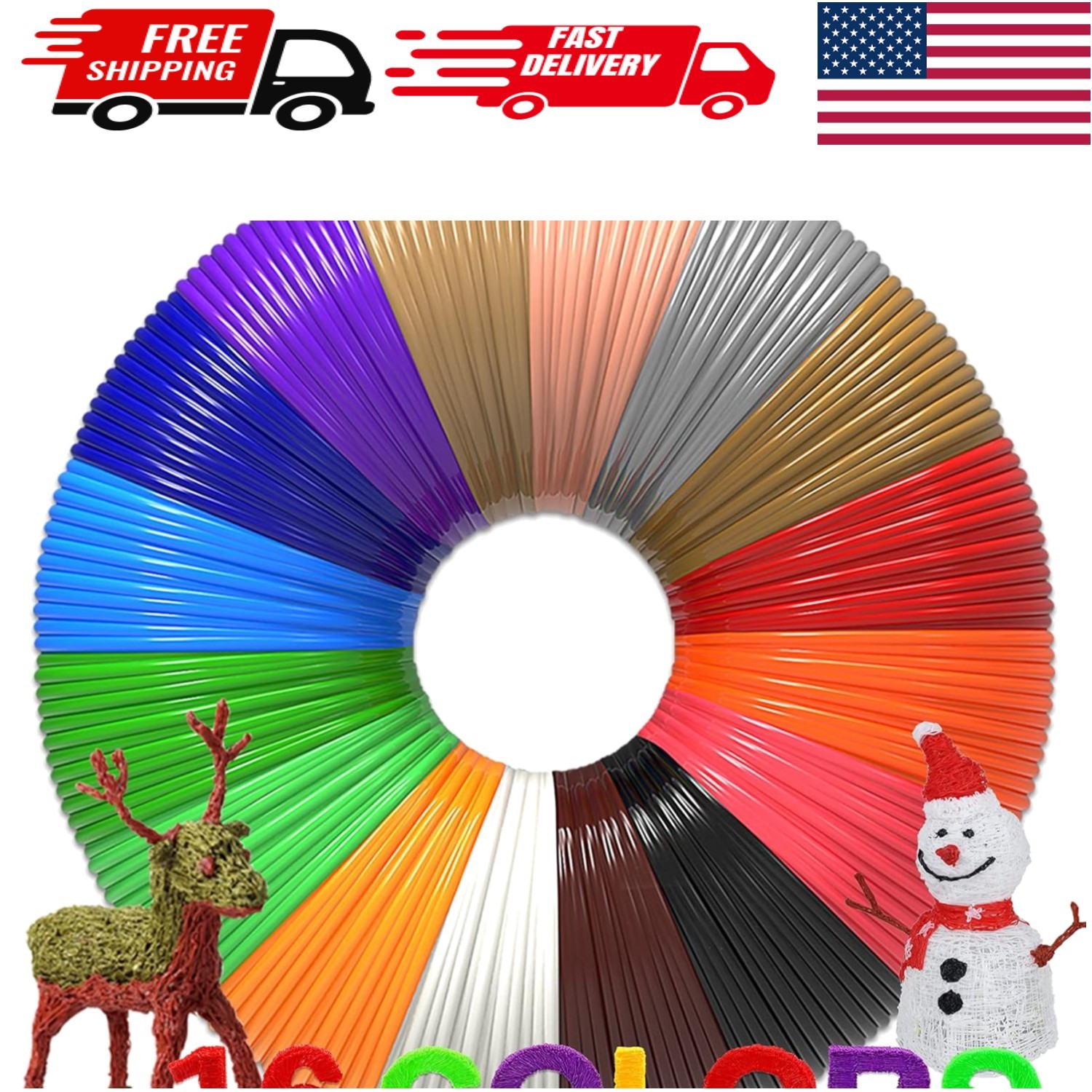Vibrant 3D Pen Refills 1.75mm PLA Filament - 640ft in 16 Colors with Stencils