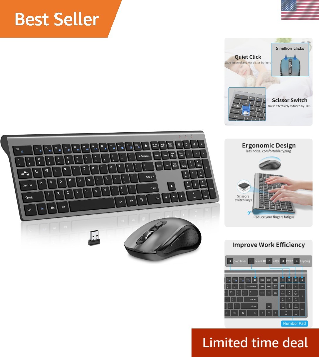Full-Size Wireless Keyboard & Silent Mouse - Comfort Meets Style for PC & Laptop