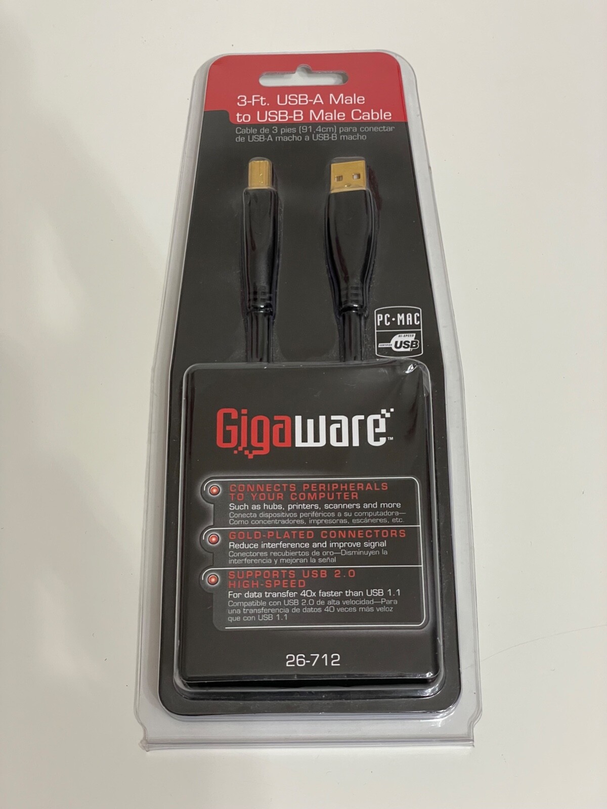 Gigaware New 26-712 Computer Cable USB-A Male to USB-B Male 3 Feet Black MAC PC