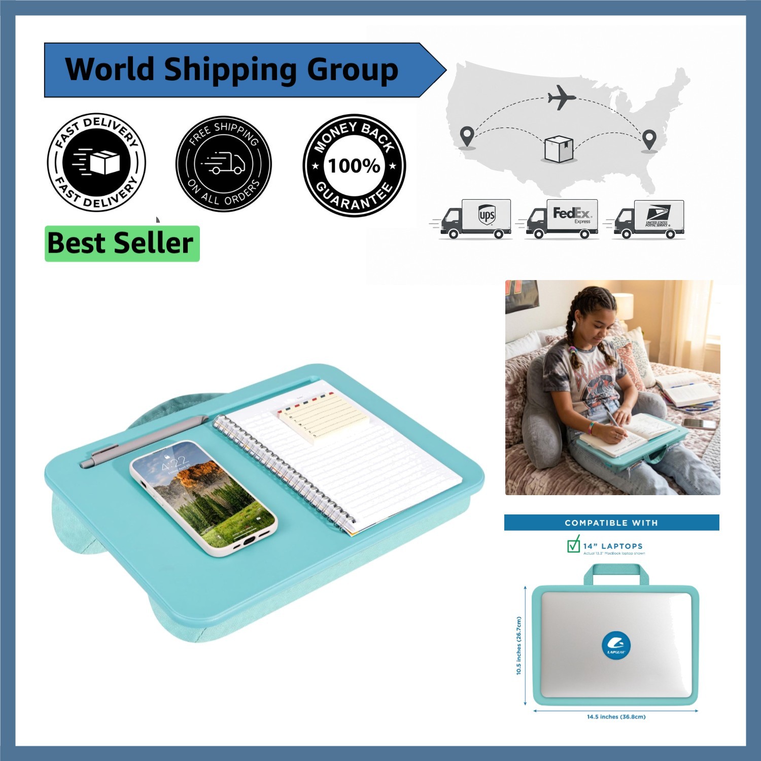 Stylish Aqua Sky Lap Desk - Perfect for 14" Laptops & On-the-Go Comfort