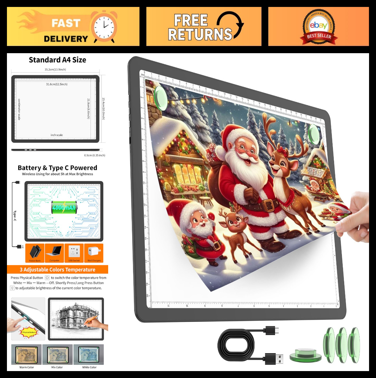Rechargeable A4 Light Pad for Diamond Painting & Drawing, Ultra Bright Wireless
