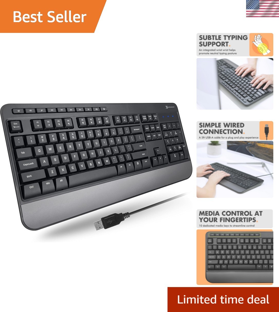 X9 Wired Ergonomic Keyboard - Comfortable Typing - Ergonomic Full Size USB Ke...