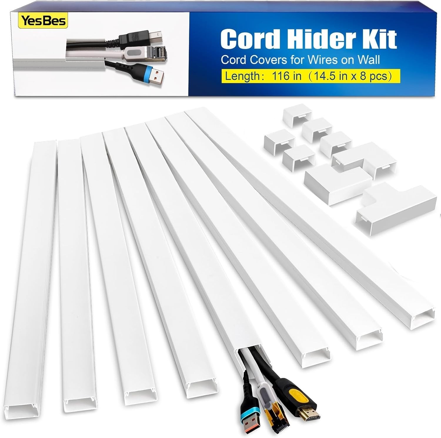 116" Cord Hider Kit Covers for Wires on Wall Paintable Raceway White Kit 8pcs