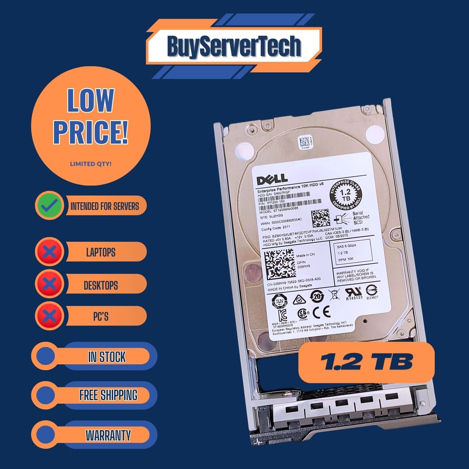 036RH9 Dell ST1200MM0088 1.2tb 10k RPM SAS 2.5" SFF Enterprise HDD