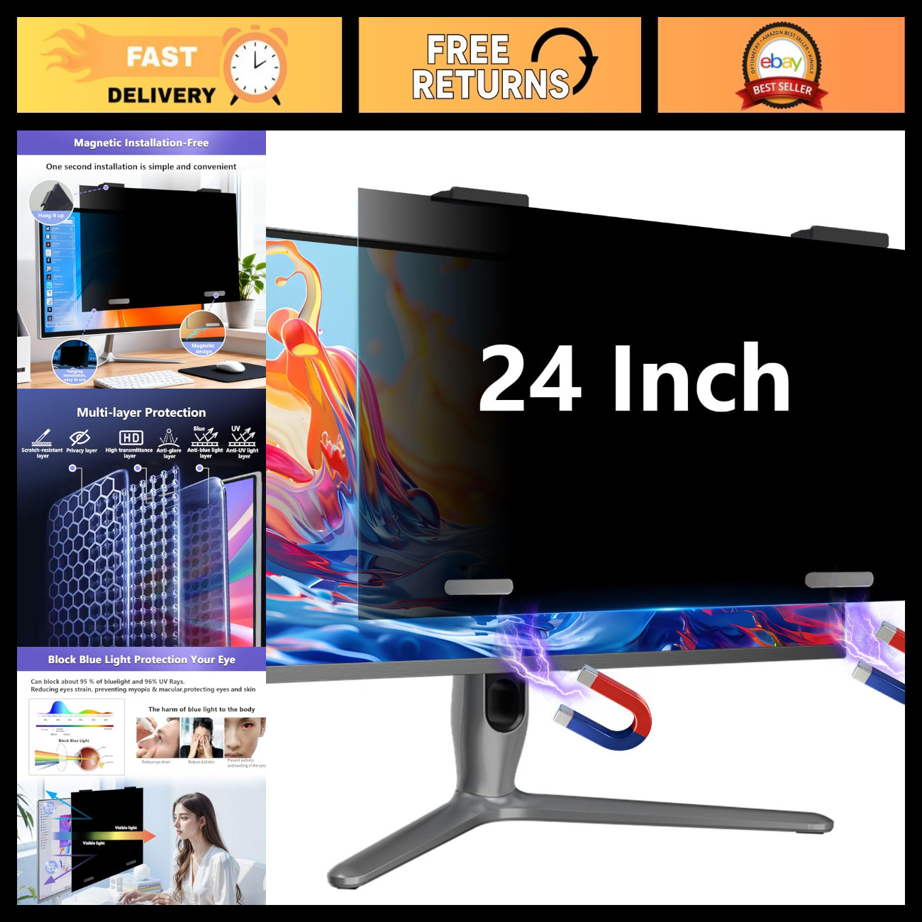 24" Magnetic Privacy Screen for 16:10 Monitor - Removable Anti-Glare Filter, Eye