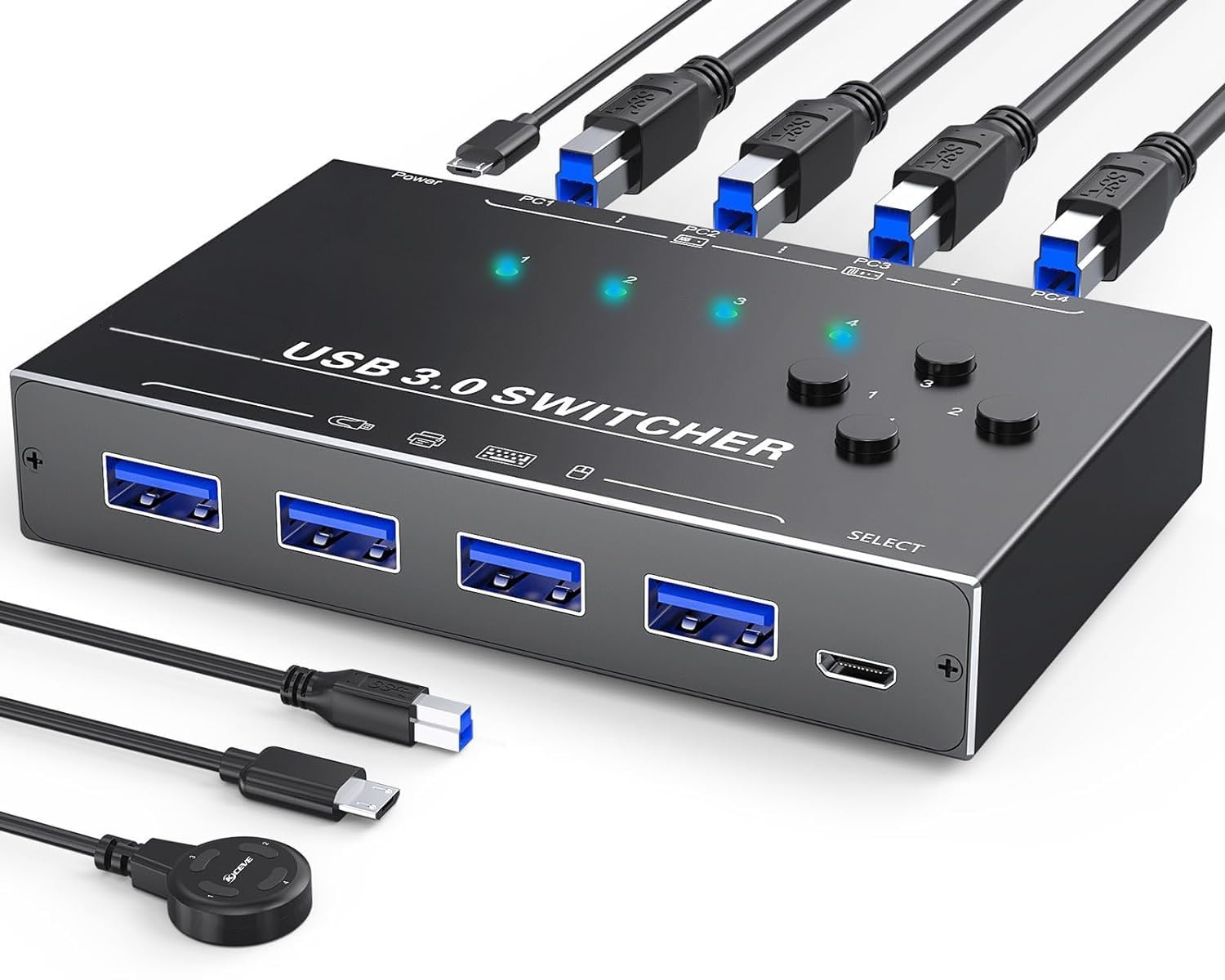 USB 3.0 Sharing Switch - 4 Computers Share - Buttons and Remote- 425-#1