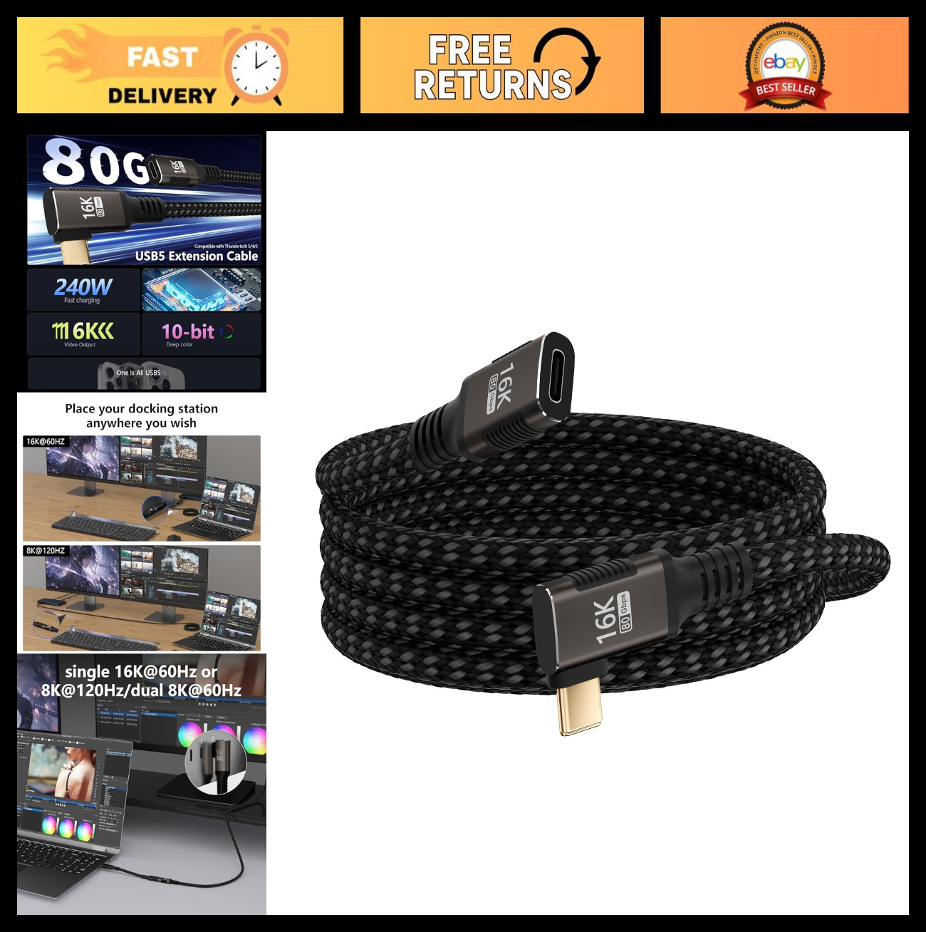 USB-C extension Cable 90 degree long 6.6FT Compatible with Thunderbolt 5/4/3