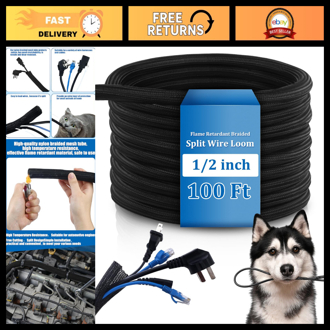 100ft Split Wire Loom Tubing Cable Sleeve, 1/2" Cord Protector for Wiring