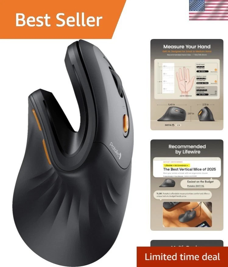 EM11 NL Wireless Ergonomic Vertical Mouse, Rechargeable, Black