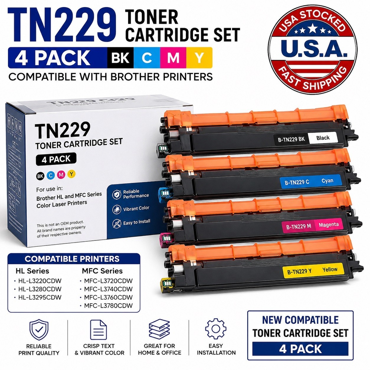 TN229 Toner Cartridge 4 Pack BK C M Y Compatible Brother HL MFC Open Box