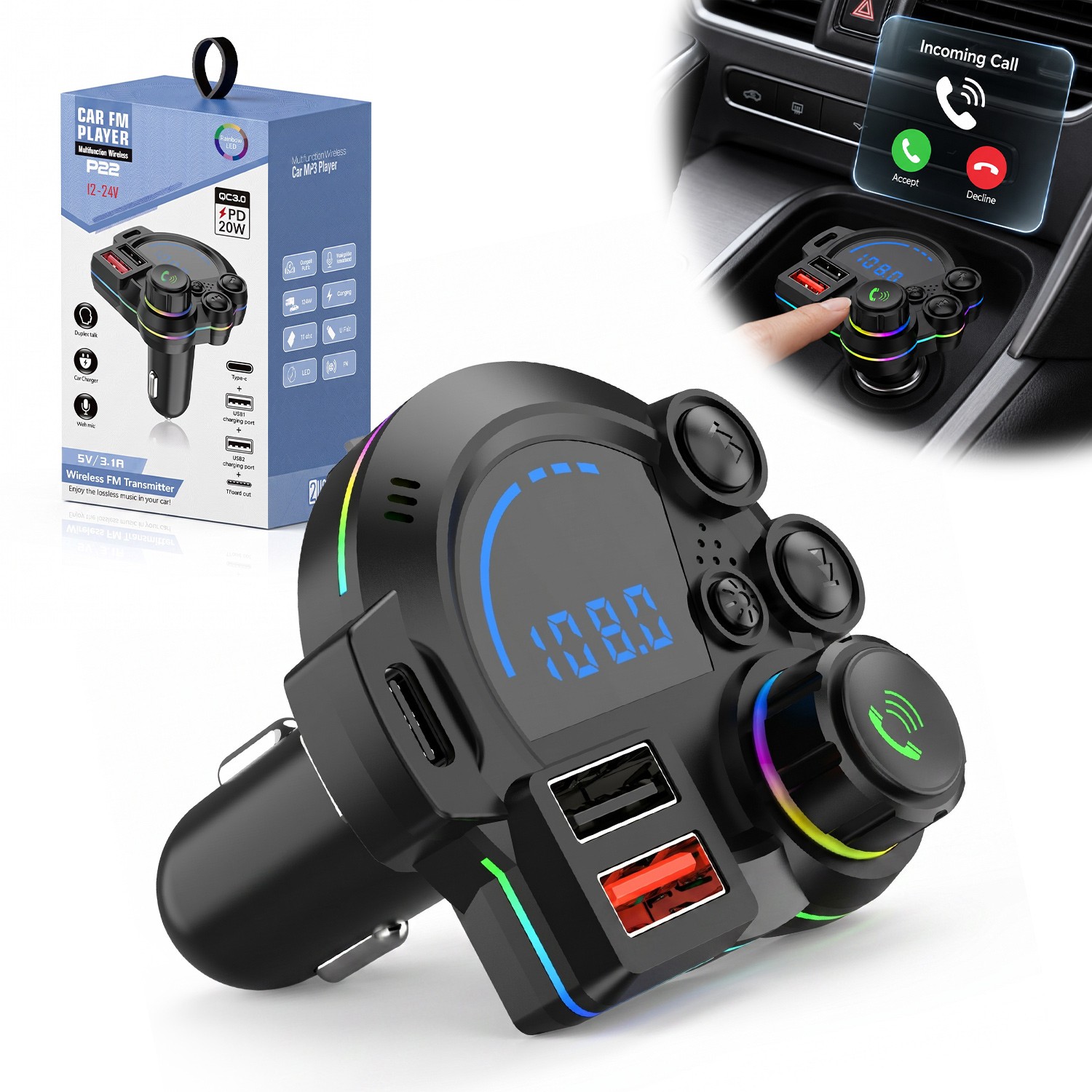 Bluetooth 5.3 Car Wireless FM Transmitter Adapter Hands Free Calling MP3 Player