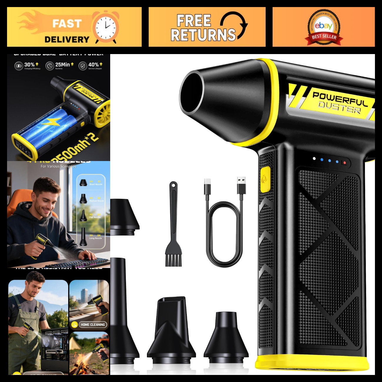 Ultra-Powerful Cordless Air Duster 130,000 RPM - 3-Speed Rechargeable Dust Clean