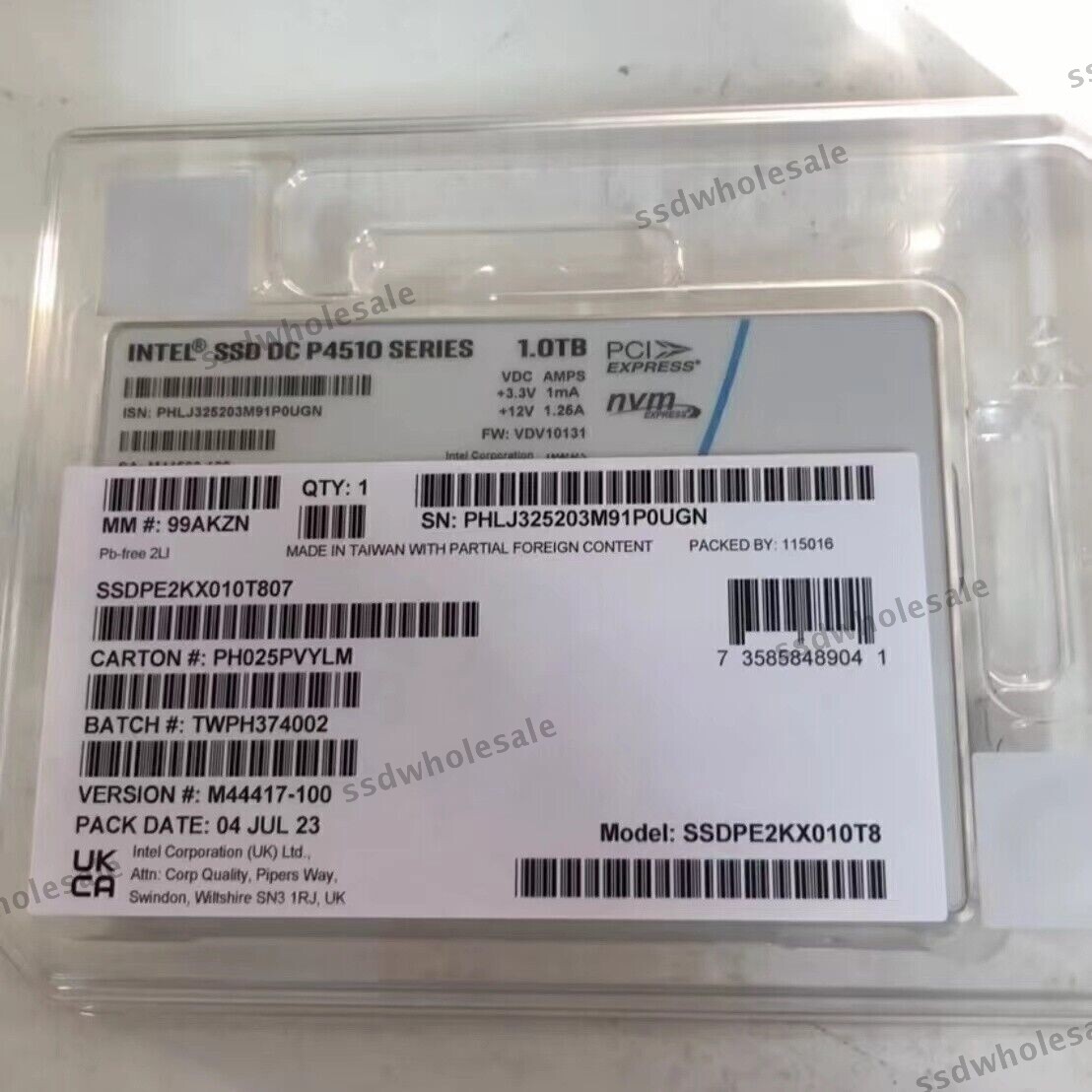Intel DC P4510 Series 1TB 2.5" U.2 NVMe PCle SSDPE2KX010T8 VDV10131 SSD