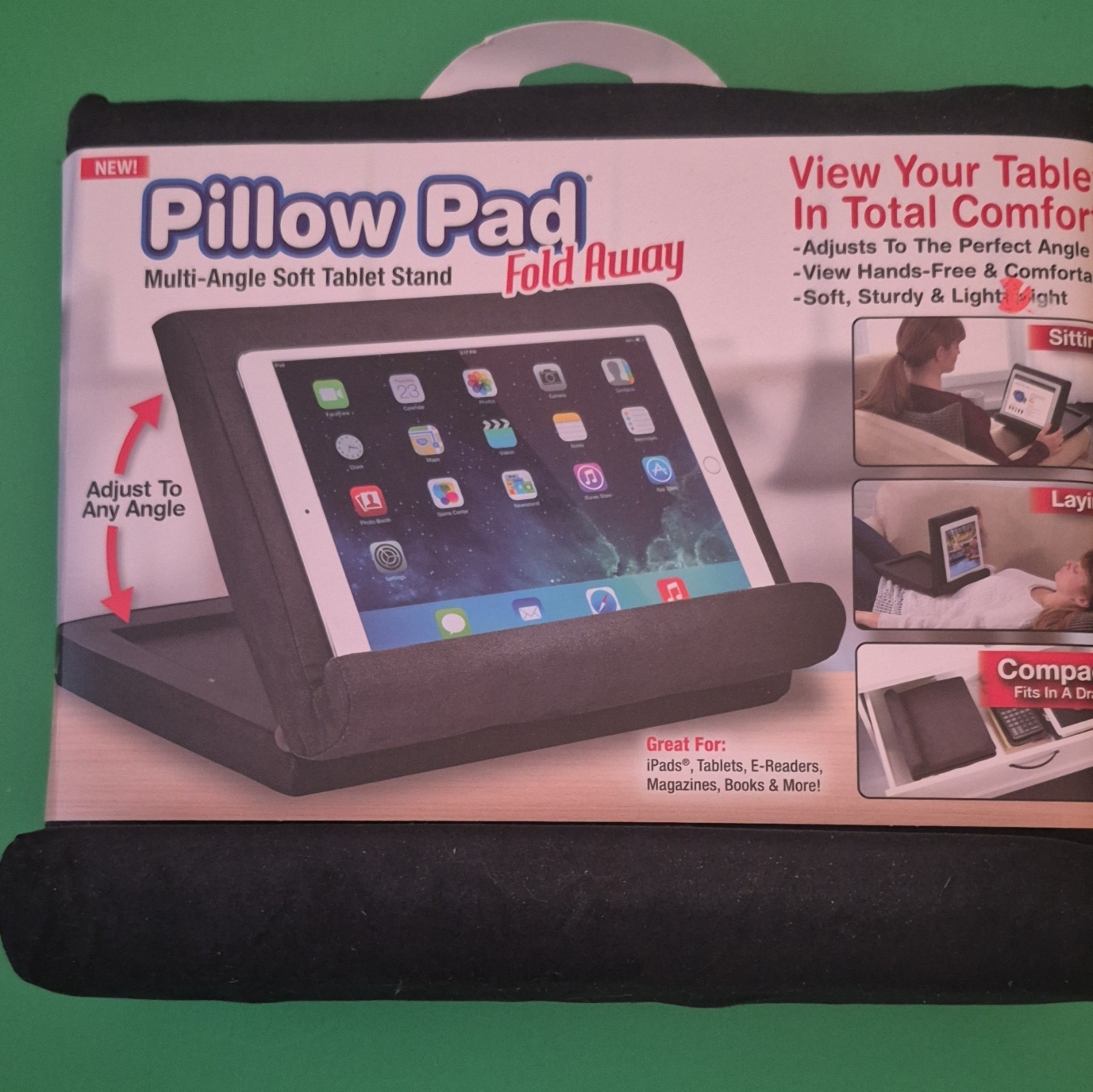Ontel Pillow Pad Fold Away Multi-Angle Foldable Tablet Stand, Storage, Black
