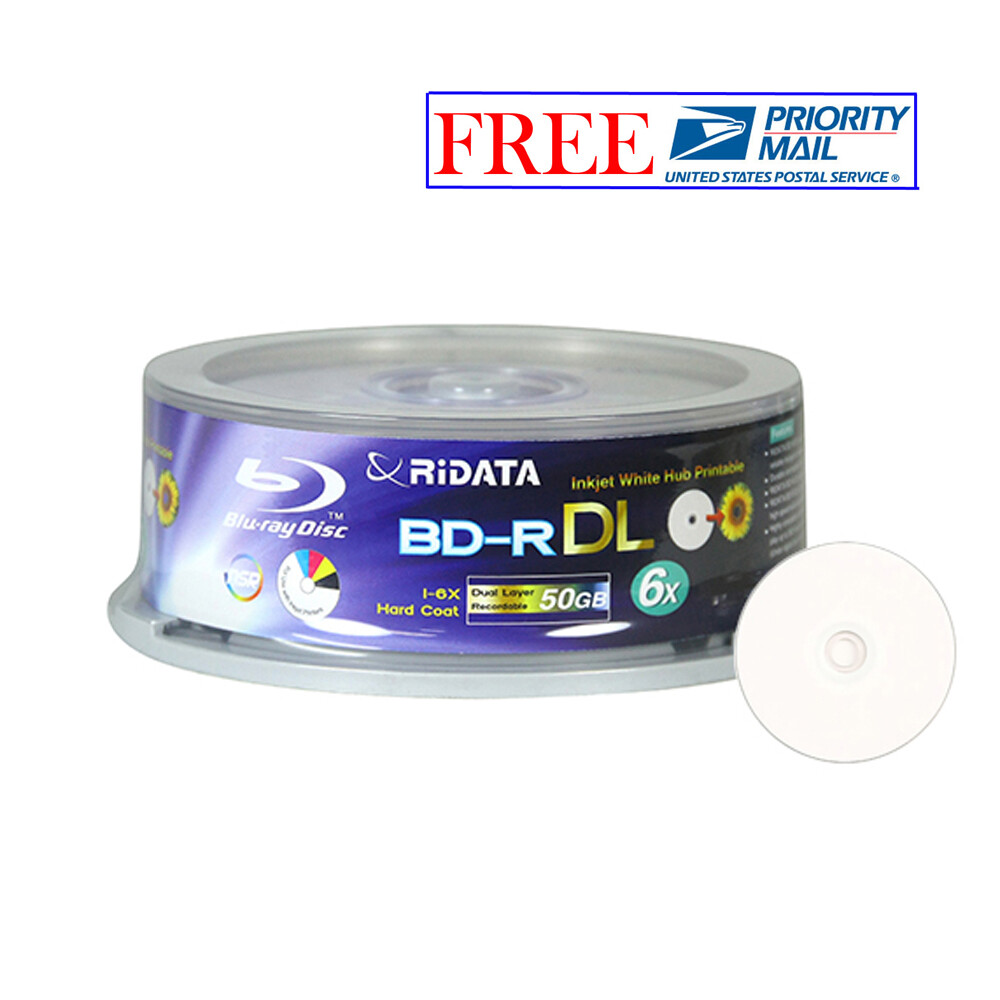 25 Pack Ridata Blu-ray BD-R DL Dual Layer 6X 50GB White Inkjet Printable Disc