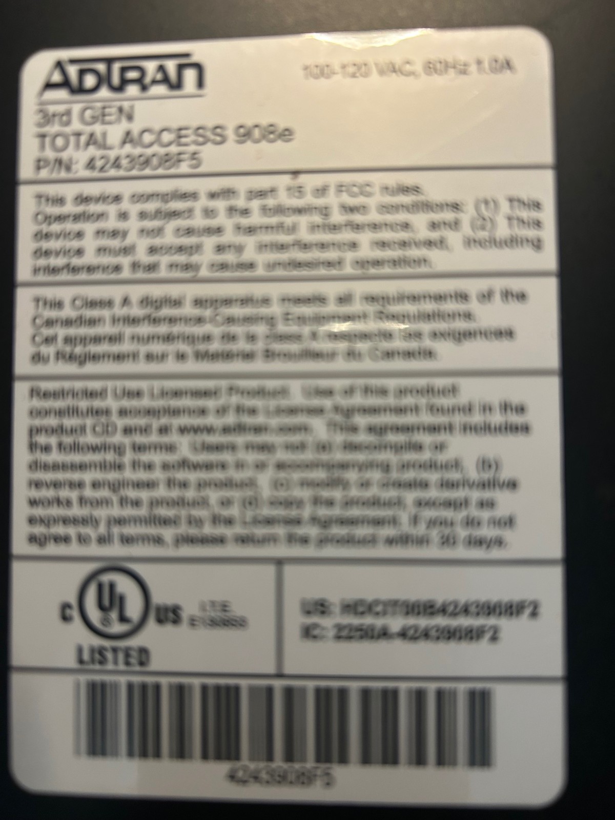 ADTRAN Total Access 900e 3rd Gen 908e VoIP Gateway 4243908F2 W/ FXO
