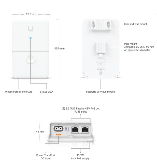 Ubiquiti UACC-DUAL-POWER-INJECTOR UISP Dual-Power Injector, Up to 100W, 2.5 GbE