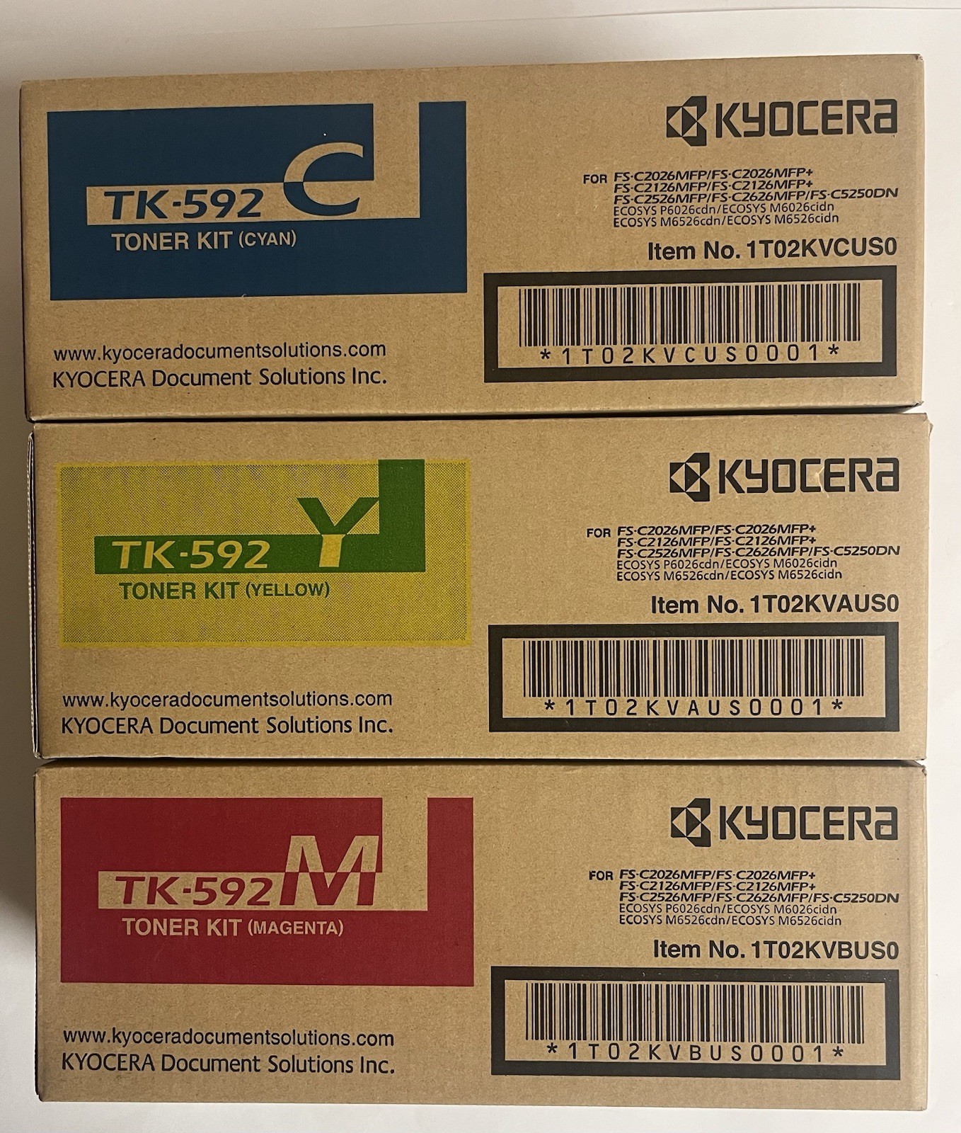 NEW Lot of 3 Kyocera TONER KITS, TK-592C Cyan + TK-592M Magenta + TK-592Y Yellow