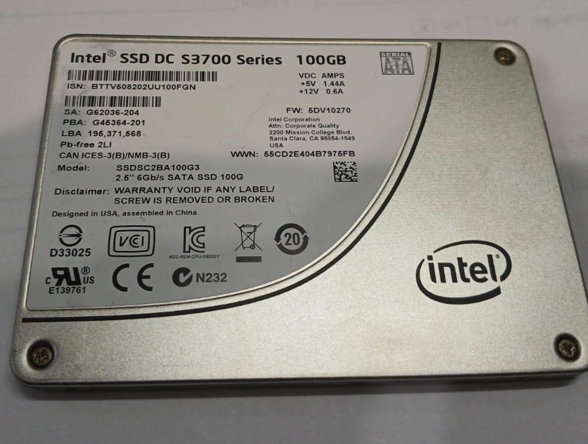 INTEL SSD DC S3700 100GB SATA 2.5” 6GB/S SSD SSDSC2BA100G3