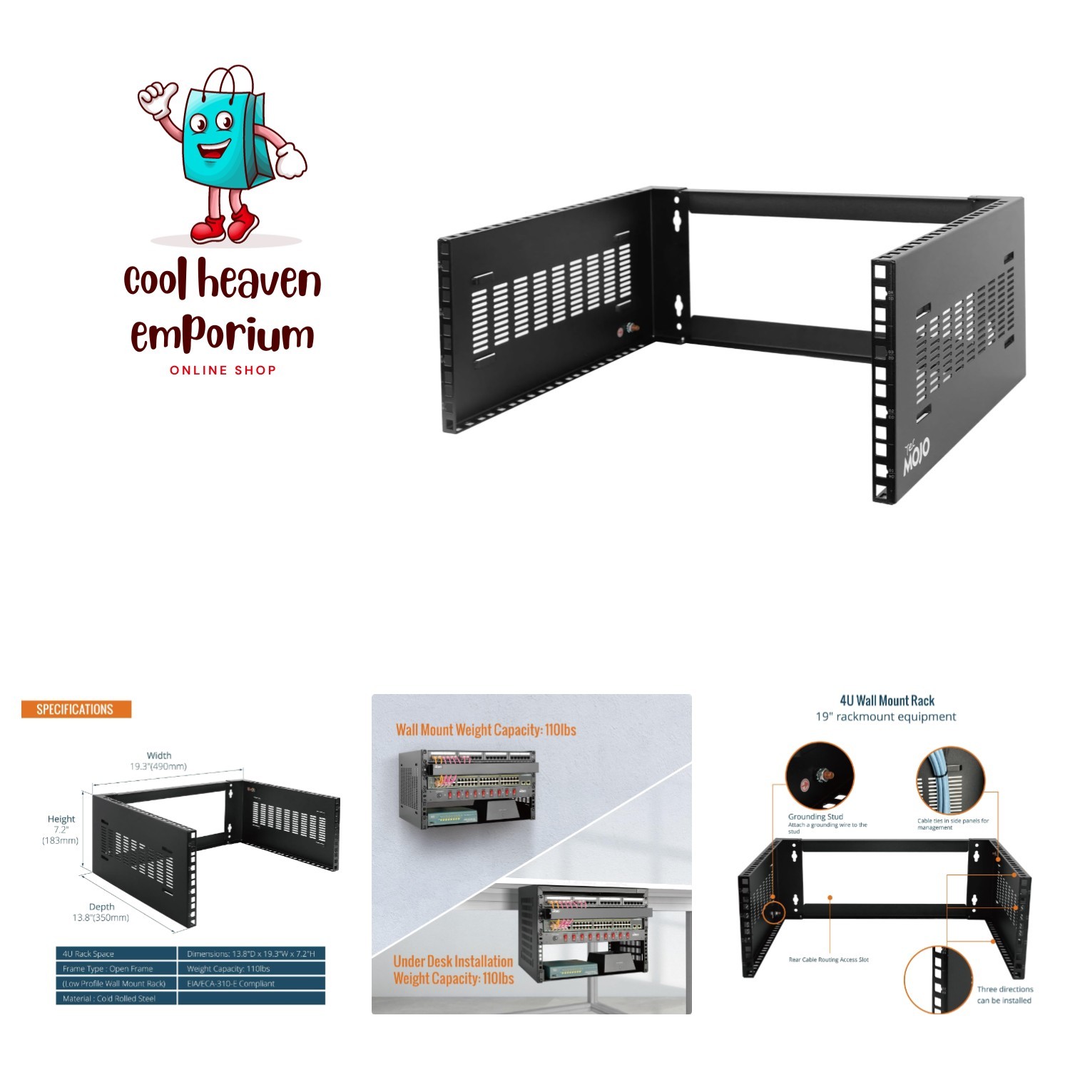 Sturdy 4U Wall Mount Network Rack - 14" Deep, Black Steel, Easy Installation