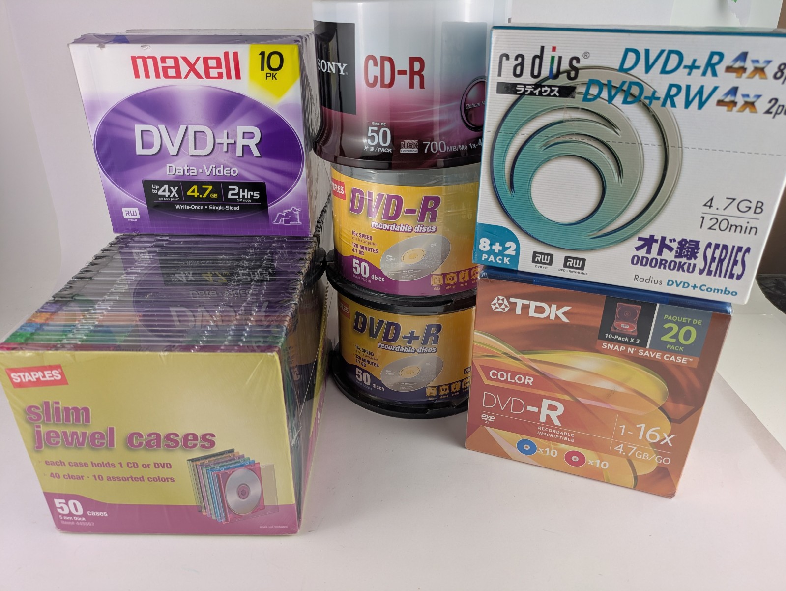 Blank DVD+R DVD-R CD-R Lot 190 Discs 4.7GB + 50 Jewel Cases Maxell Sony TDK New