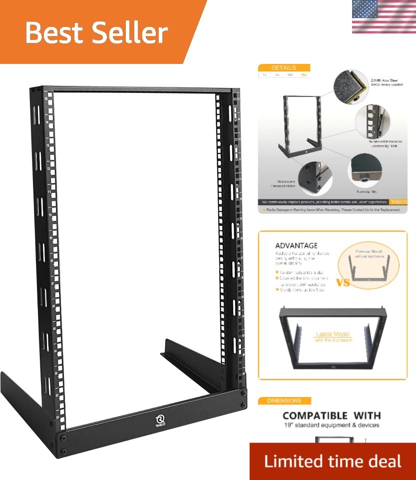 15U Desktop Rack for Audio & Network Devices 19 Inch 2 Post Open Frame Shelf ...