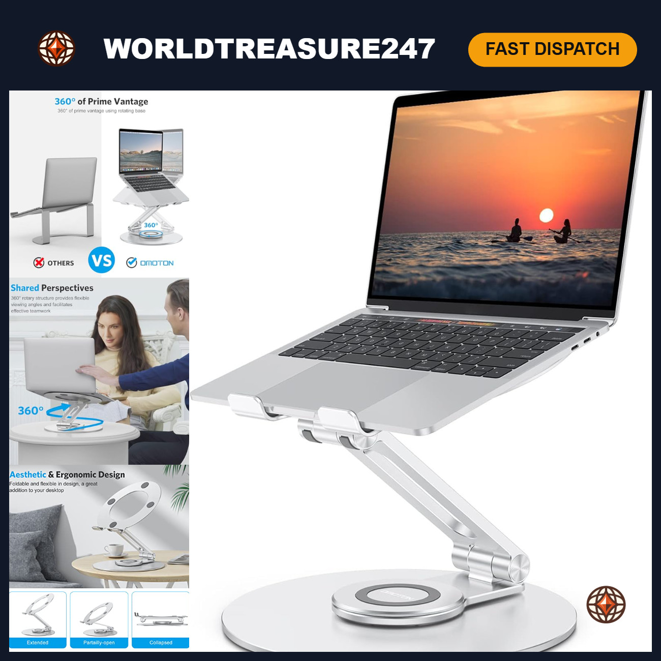 Adjustable Laptop Stand for Desk, 360° Rotating Base, Fits Up to 17" - Silver