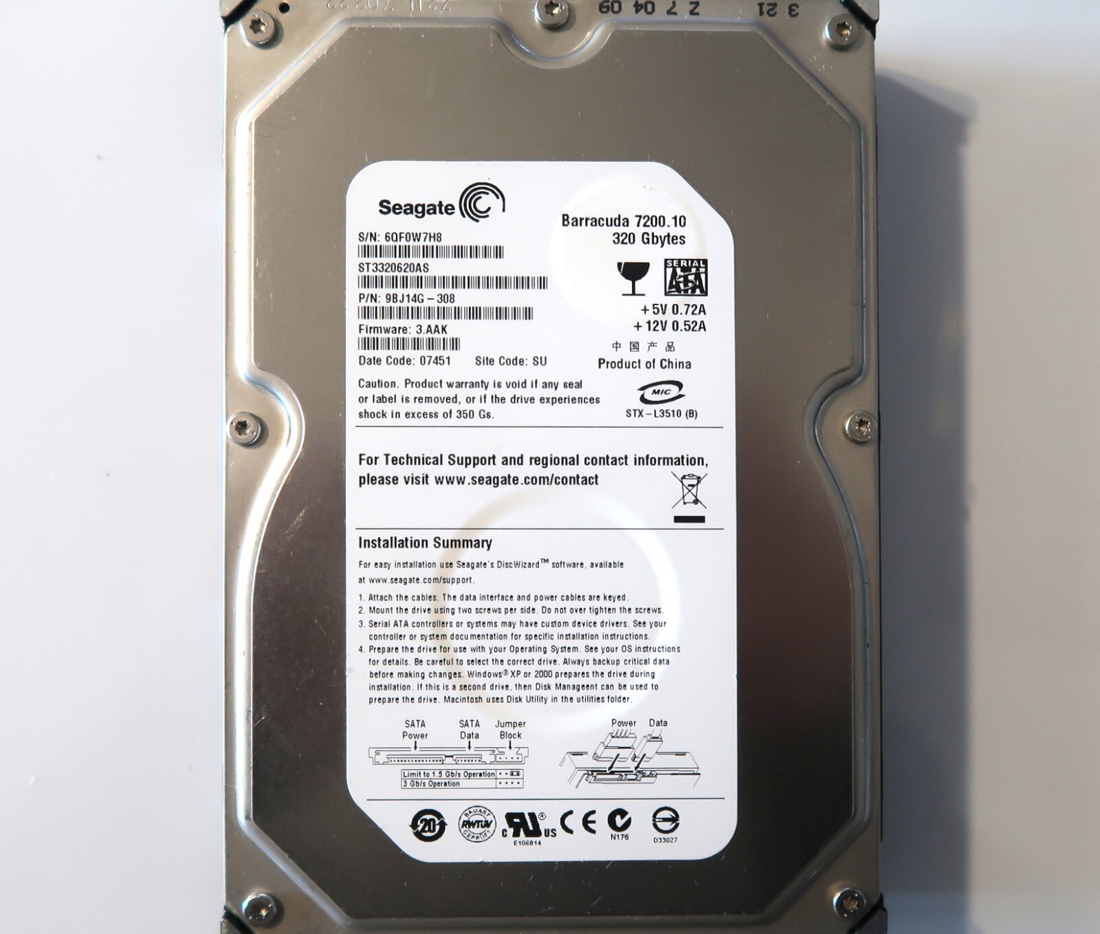 Seagate ST3320620AS 9BJ14G-308 3.AAK SU (6QF) China 320gb 3.5" Sata HDD 07451