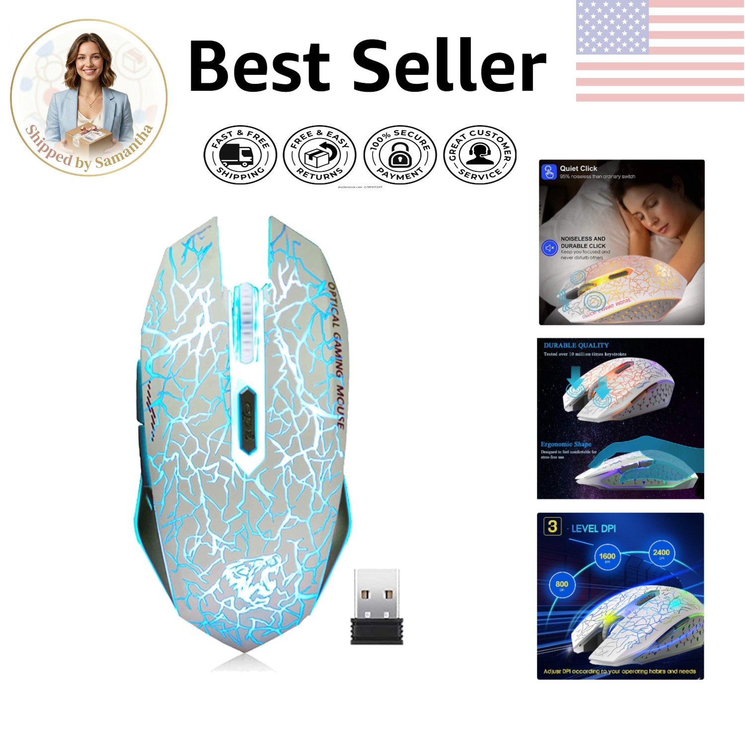 C10 Wireless Gaming Mouse: Rechargeable, Silent, 7 LED Colors - Modern White