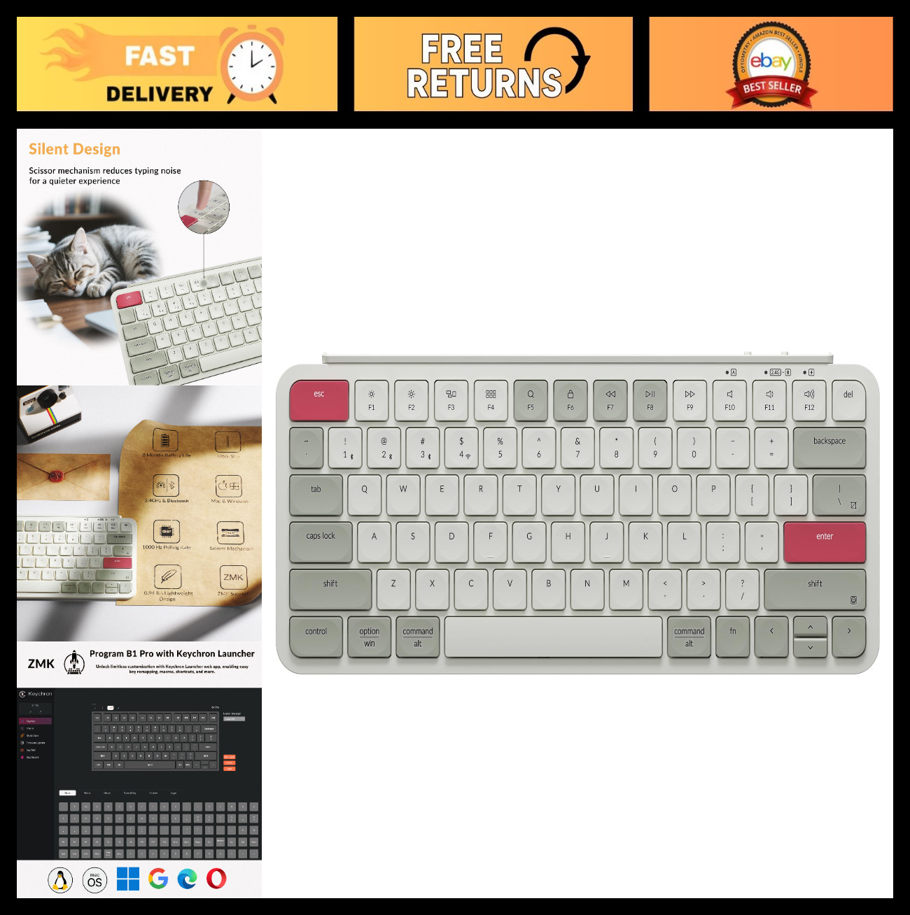 Ultra-Slim Wireless Bluetooth Keyboard - ZMK/Launcher, 2.4 GHz/Wired, Mac & Wind