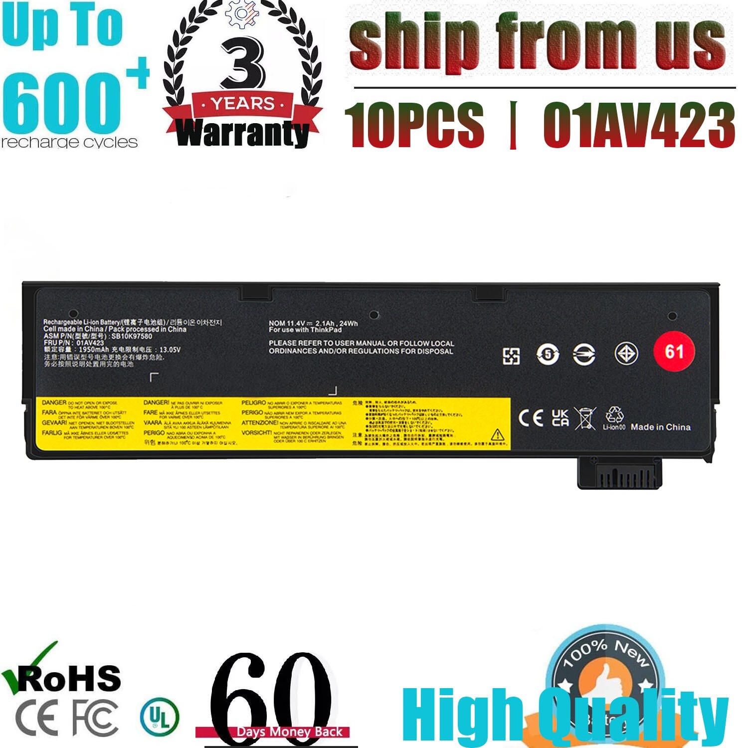 Lot*10 61 01AV422 01AV423 Battery for Lenovo Thinkpad T470 T480 T570 P51s P52s