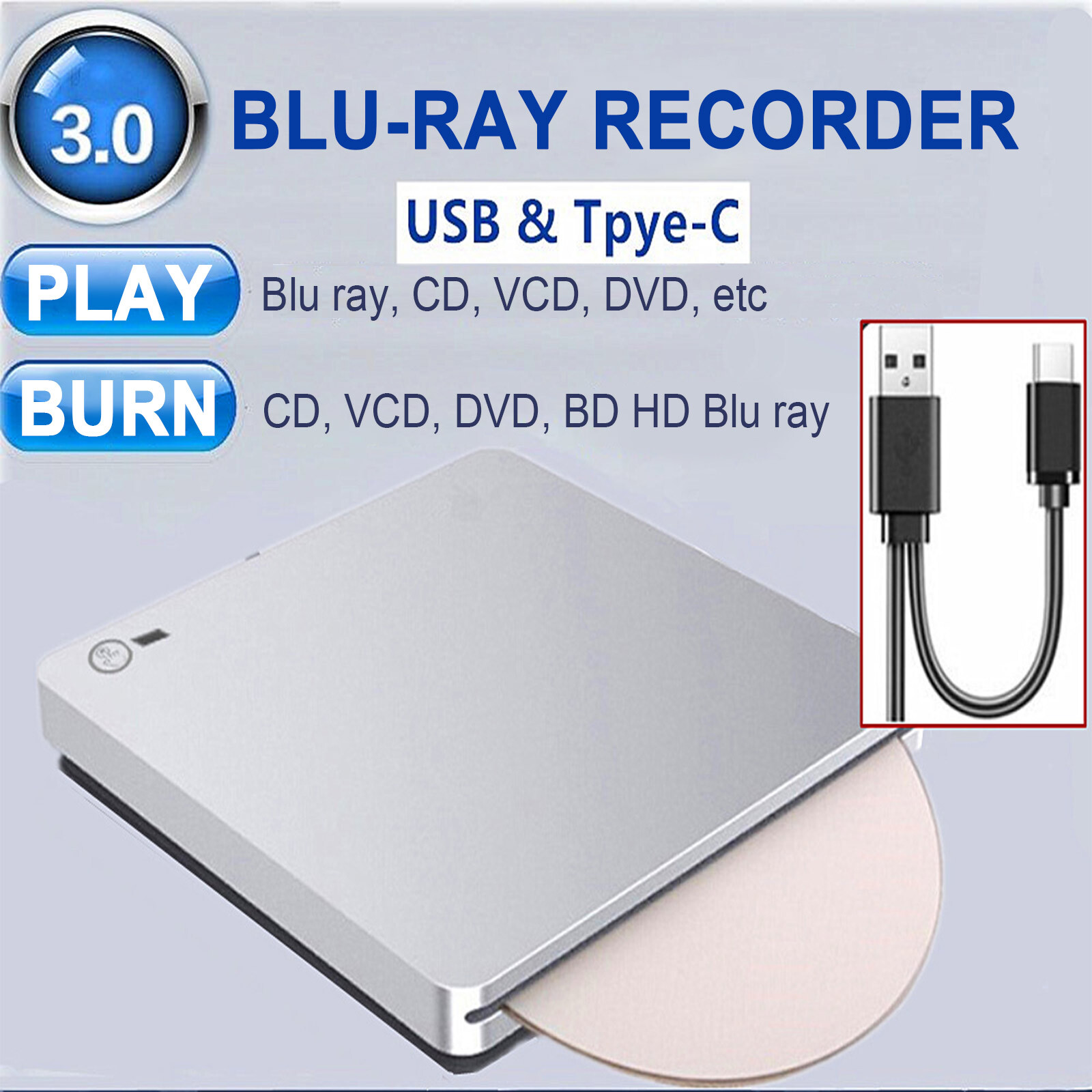 4K BD Burner External USB Slot In DVD RW CD Writer Portable Drive Silver