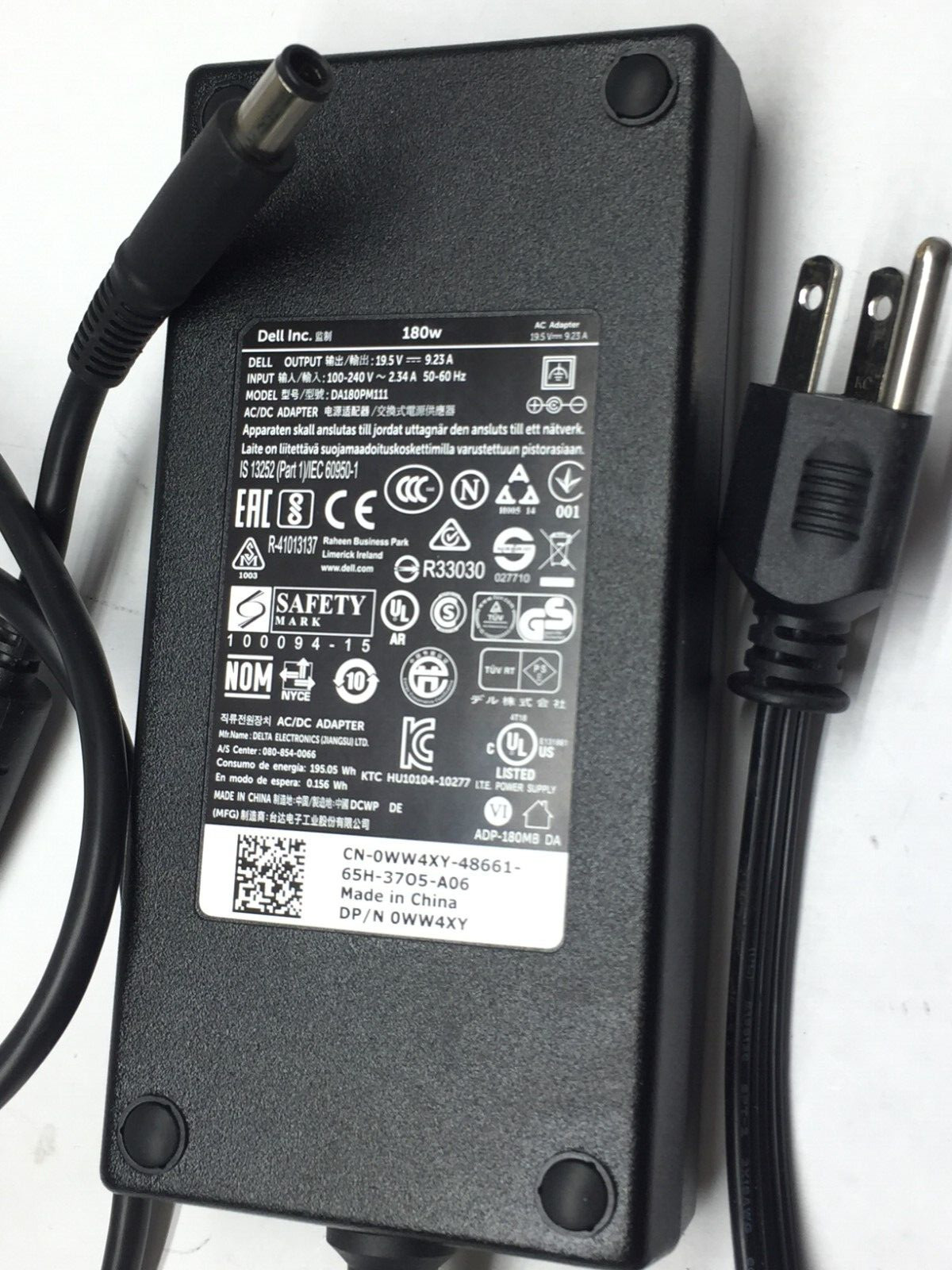 Dell 180W laptop AC Charger Power Adapter Alienware Precision DW5G3 WW4XY 47RW6