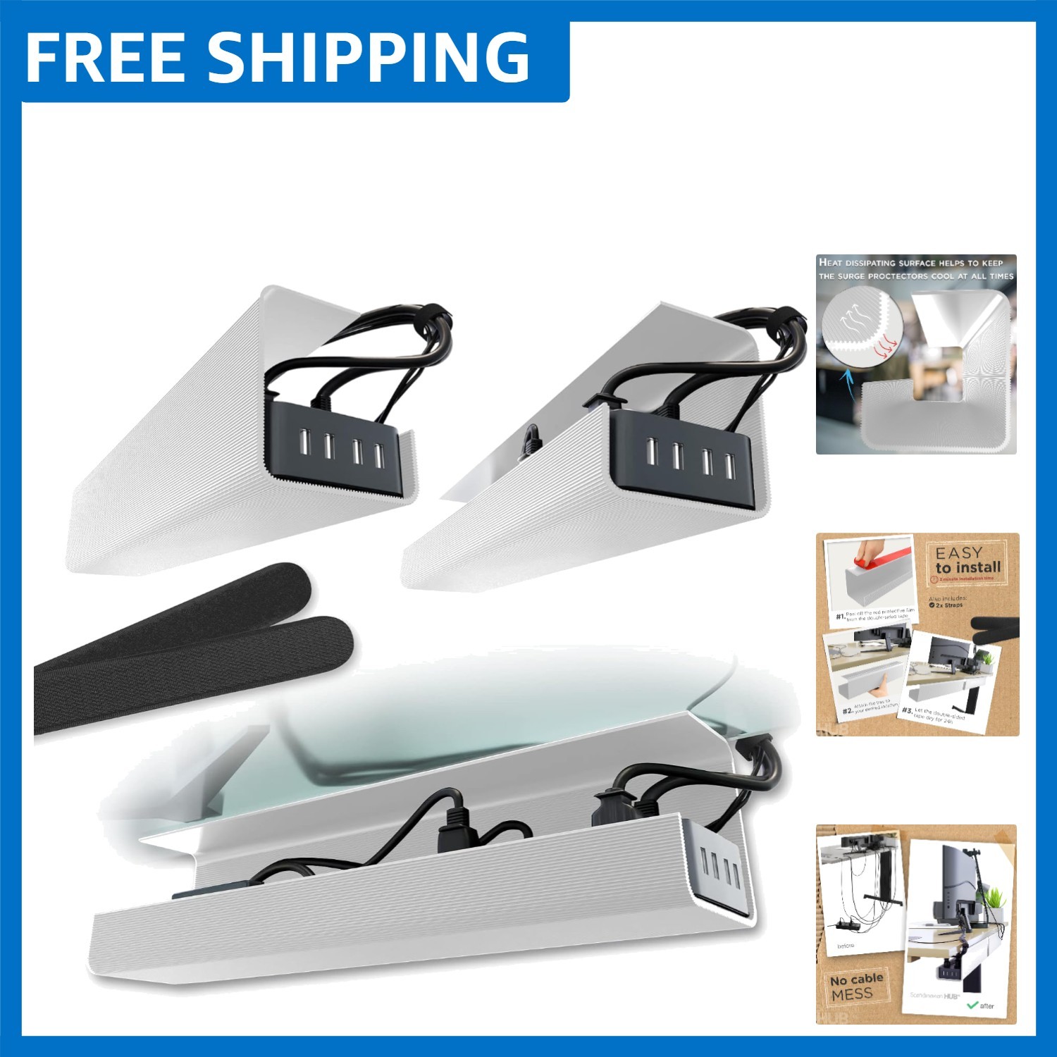 Elegant 17-Inch Under Desk Cable Management Tray - No-Screw Installation, 2-Pack