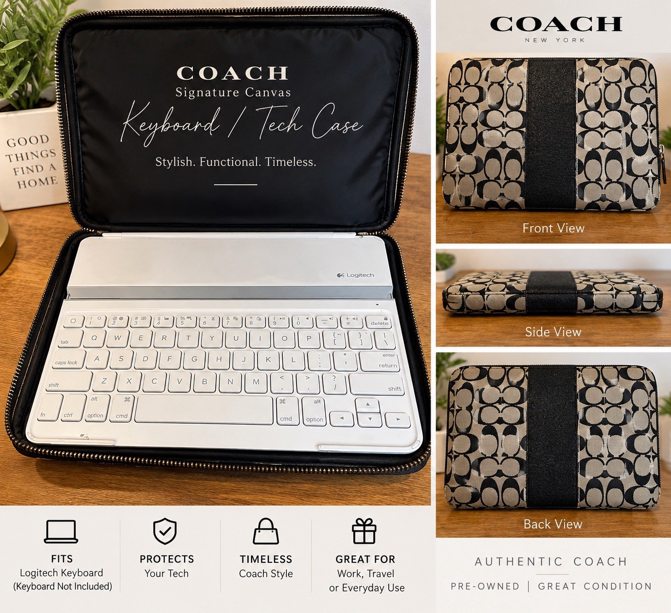 Coach Signature Canvas Keyboard Tech Case Black Tan Zip Travel Case