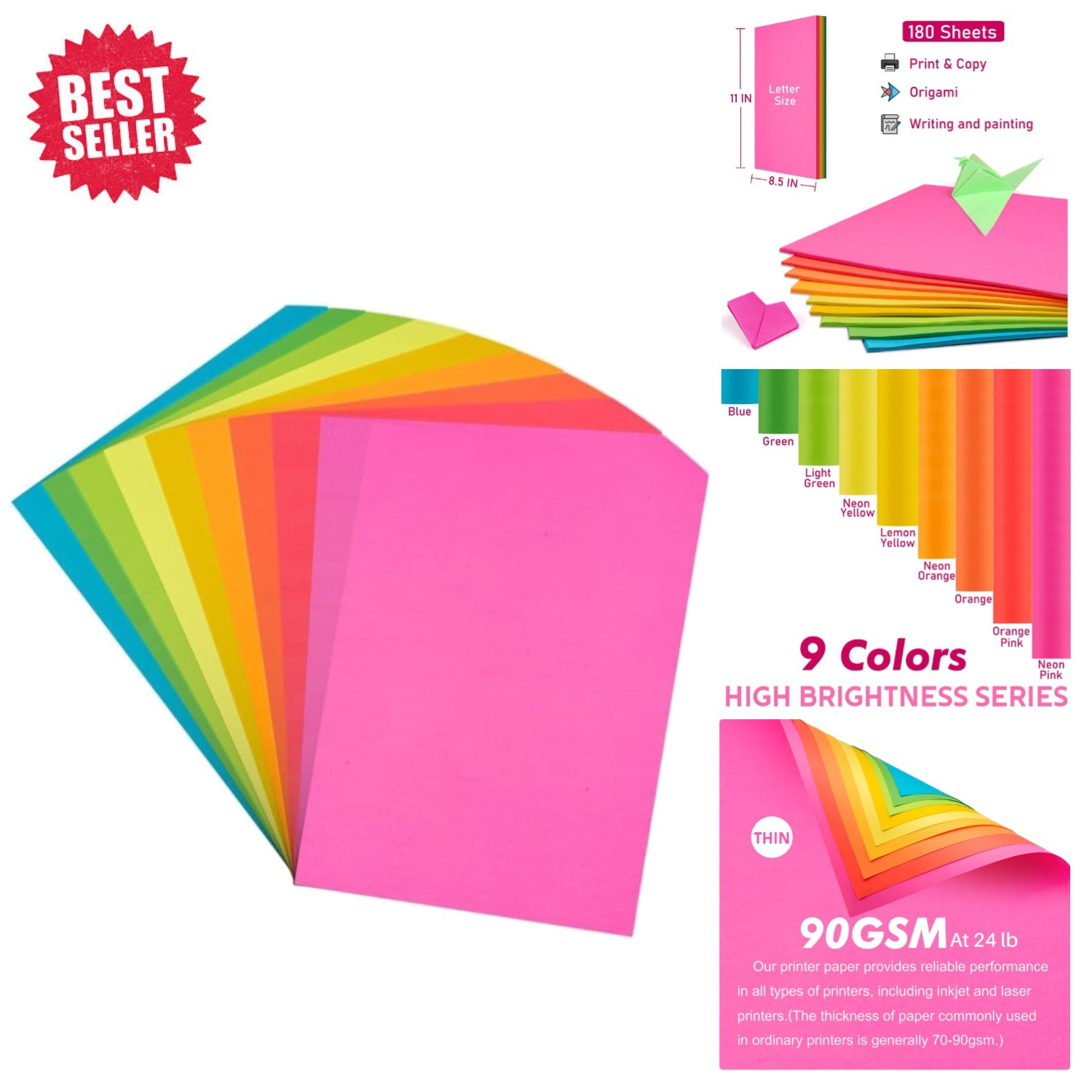 Pastel Colored Printer Paper - 180 Sheets, 90 GSM for DIY & School Projects