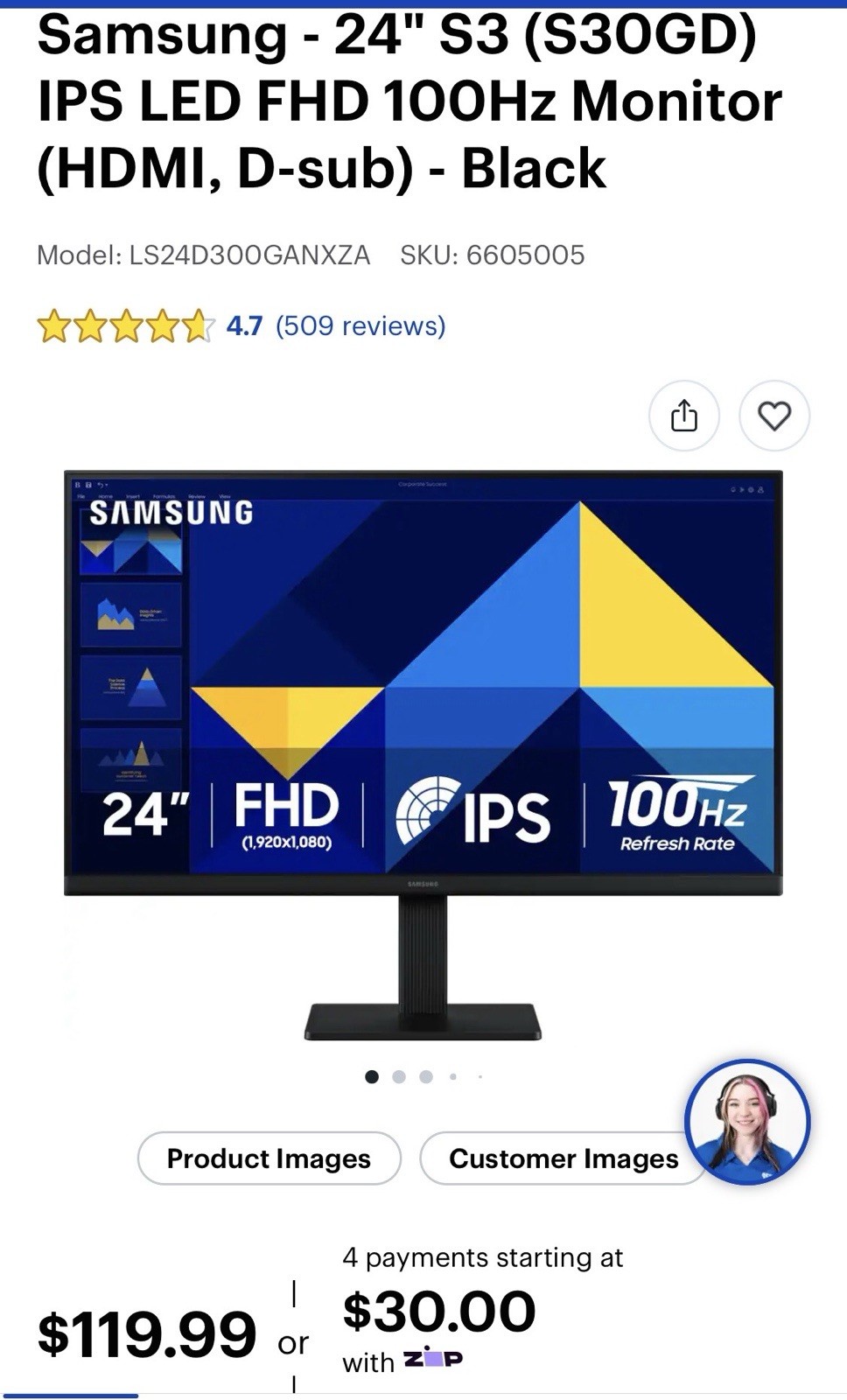 Samsung 24" S3 (S30GD) IPS LED FHD 100Hz Monitor LS24D300GANXZA Black