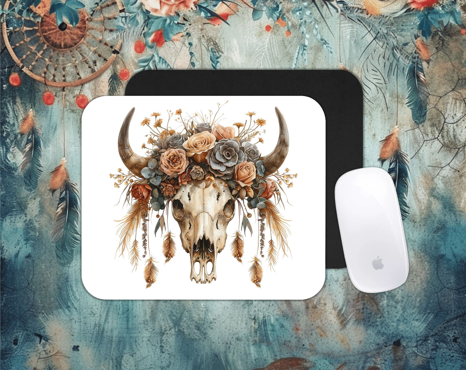 Boho cow skull themed PC/laptop Mouse Pad, CHOICE, , gifts, farm