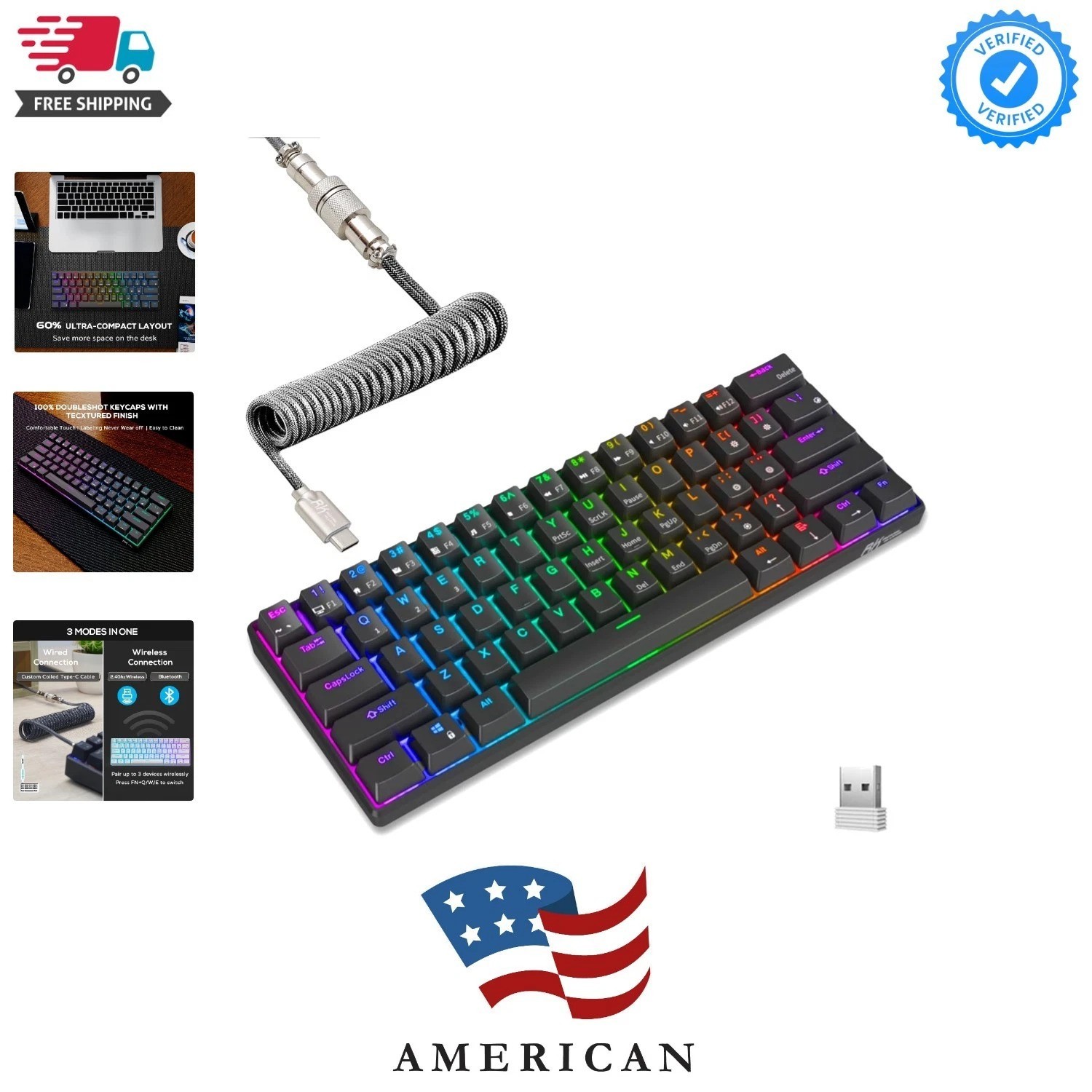 RK61 60% Mechanical Keyboard with Coiled Cable, 2.4Ghz/Bluetooth/Wired, Wirel...