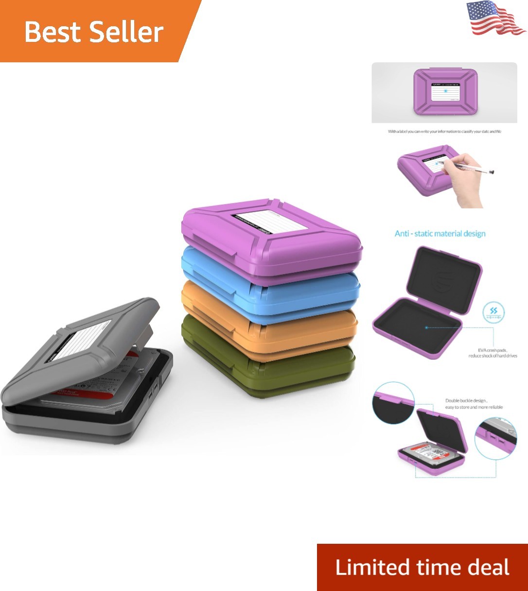 Secure Multi-Color Hard Drive Cases for 3.5 Inch Storage - 5 Pack with Features