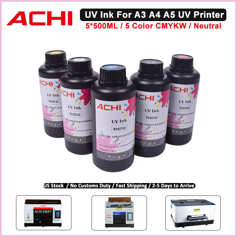 ACHI 5 X 500ML UV INK For A3 A4 A5 UV Printer 5 Colors CMYKW Neutral Ink US Ship