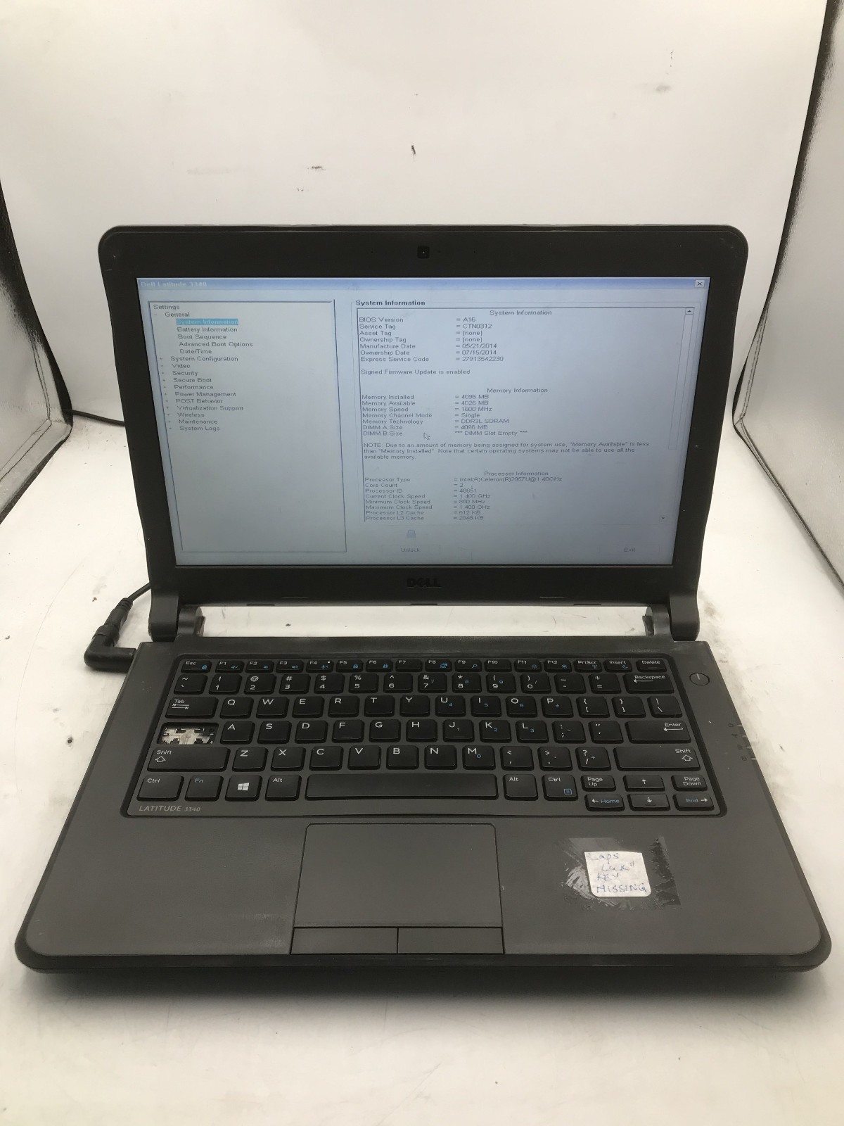 DELL LATITUDE 3340 - BOOTS TO BIOS/LOCKED - INTEL CELERON 2957 - NO RAM -READ-BB