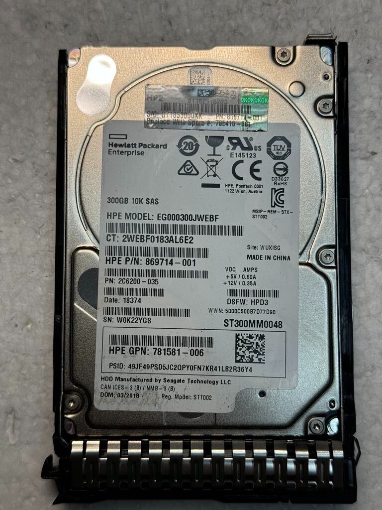 HP 869714-001 EG000300JWEBF 300GB 10K RPM  128 MB Cache 12 Gbps SAS 2.5" HDD