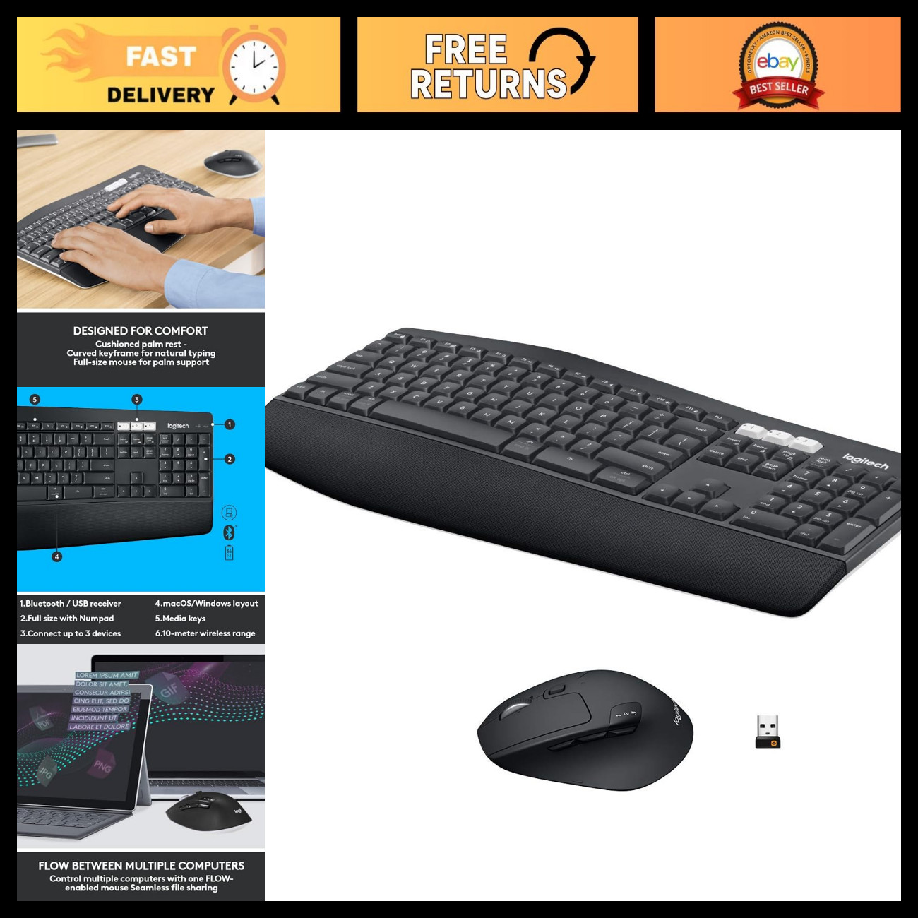 Wireless Keyboard and Mouse Combo - Ergonomic, Multi-Device, Graphite Finish