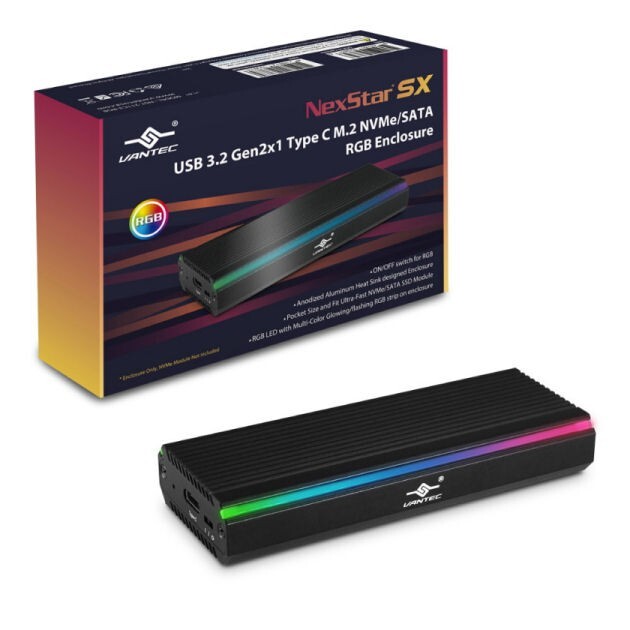 Vantec NST-211C3-RGB NexStar SX, USB 3.2 Gen2x1 Type C M.2 NVMe/SATA RGB Enclosu