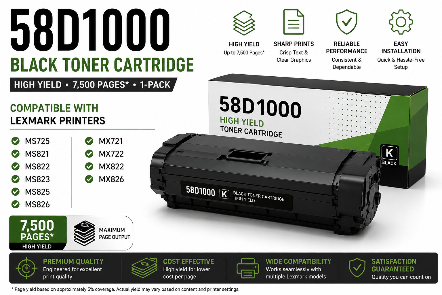 58D1000 Black Toner Cartridge Compatible for Lexmark MS725 MS821 MS822 MS823 MS8